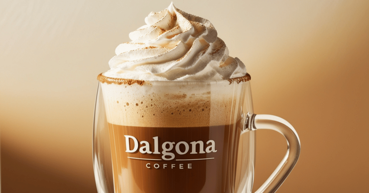 A clear glass showing Dalgona Coffee, with whipped cream