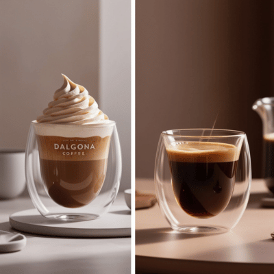 Side-by-side dalgona and regular coffee