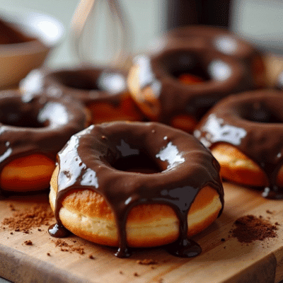 Close-up of golden-brown donuts with a glossy, dark mocha glaze dripping down the sides. A small bowl of espresso powder and a whisk in the background