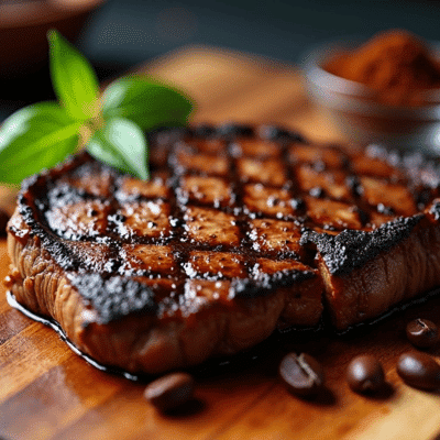 A perfectly grilled ribeye steak on a cutting board, with a visible dark, coffee-based rub crust. A small bowl of the rub mixture and whole coffee beans as garnish