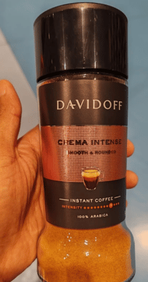 Regular coffee glass jar with light brown and black label