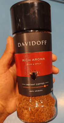 Regular coffee glass jar with red and black label