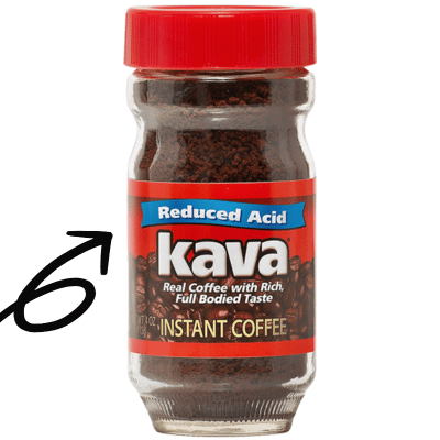 Coffee glass jar with red lid and red and blue label