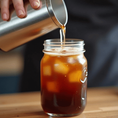 An image shaking iced instant coffee in a mason jar with ice, creating a frothy, well-mixed coffee drink with a smooth texture