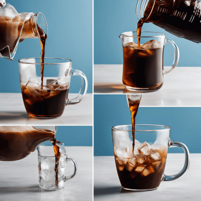 hand pouring cold water into a clear glass and cold coffee