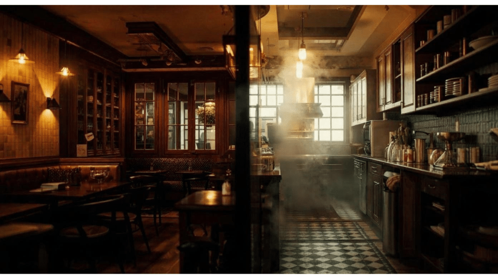 Cozy café setting vs busy kitchen