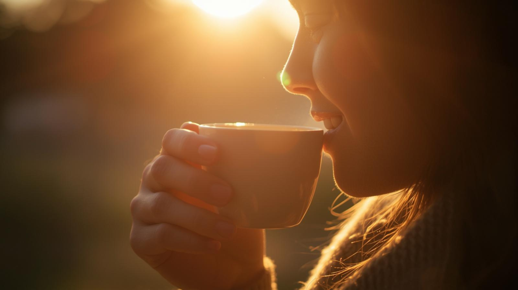 Person enjoying coffee in morning sunlight