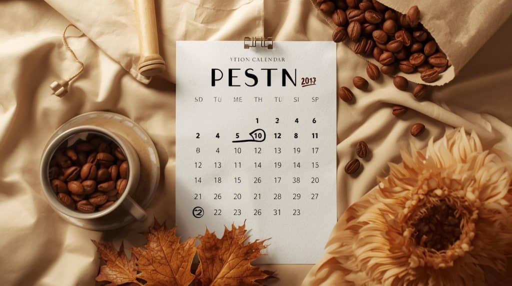 a calendar with roast date circled, "Drink By" date marked, and a coffee bag in the background