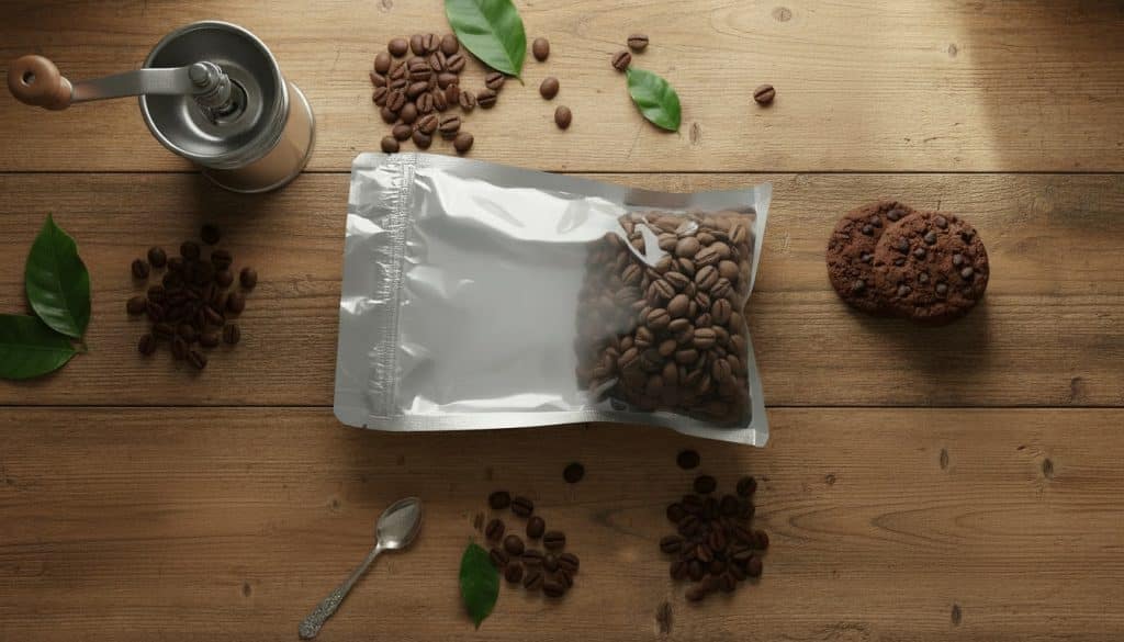 A vacuum-sealed foil coffee bag, slightly puffed — illustrating degassing gas trapped inside
