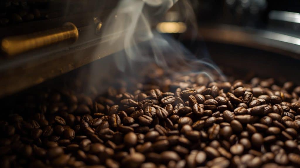 roasted whole beans in a roaster drum, mid-roast with light smoke