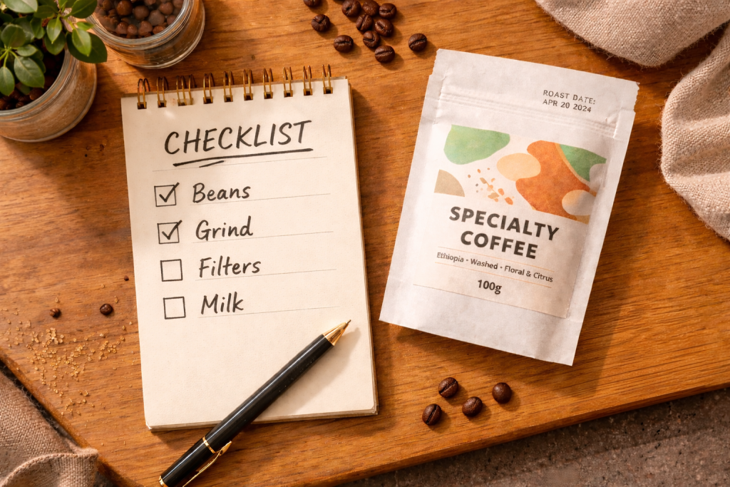 Flat lay of a checklist notepad beside a coffee bag