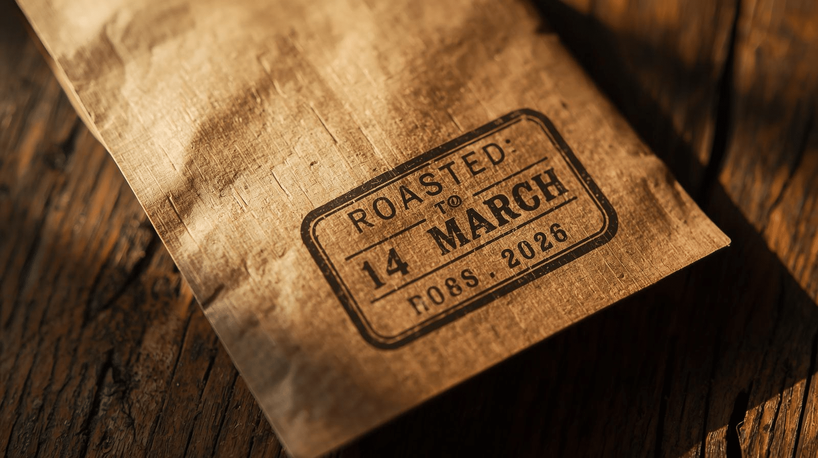 Close-up of a kraft paper specialty coffee bag lying on a wooden surface, with a clearly visible roast date stamp