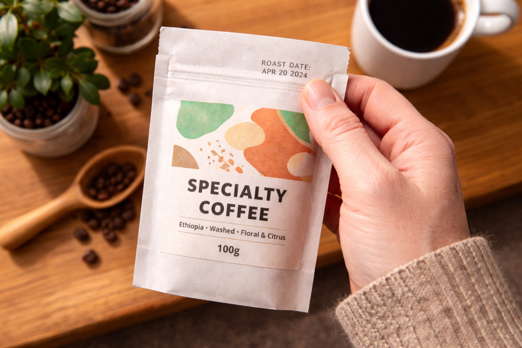 Overhead shot of a hand holding a small 100g specialty coffee bag