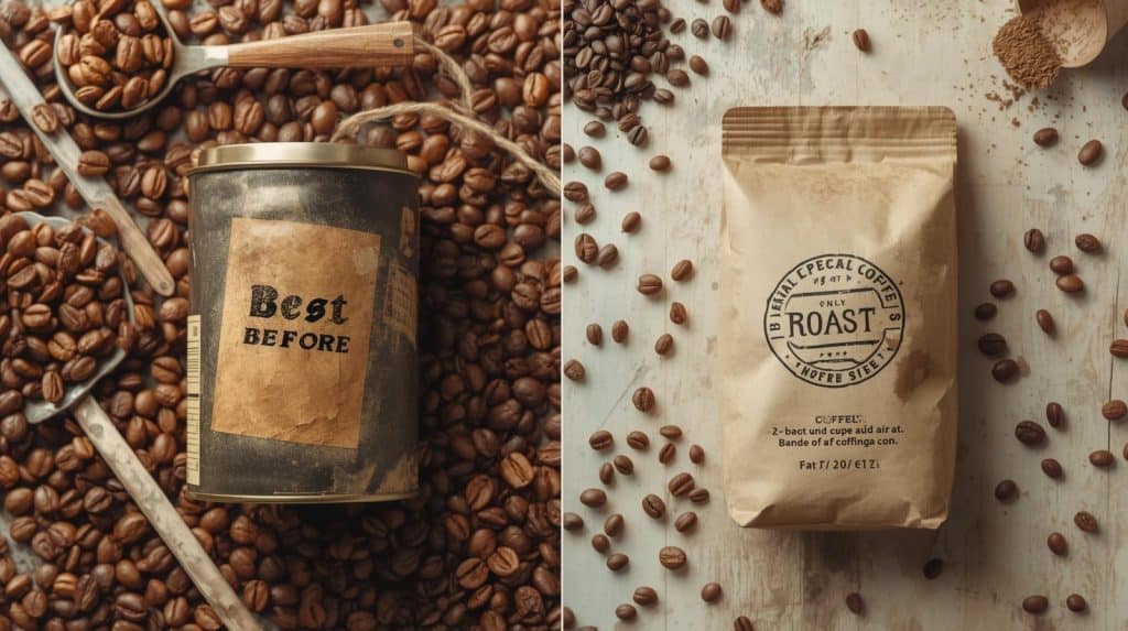 flat lay of an old-style supermarket coffee tin with a "best before" label vs. a modern specialty bag 