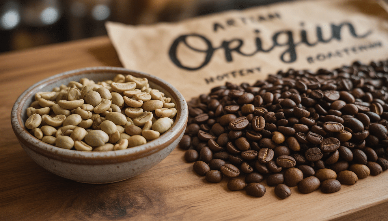ceramic bowl of unroasted green coffee beans next to a roasted batch on a wooden surface