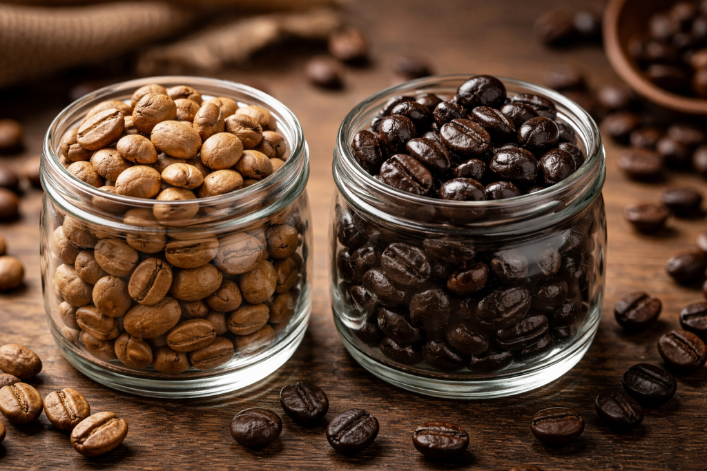 Two small glass jars of beans side by side — one light roast (pale tan), one dark roast (near-black, oily surface)