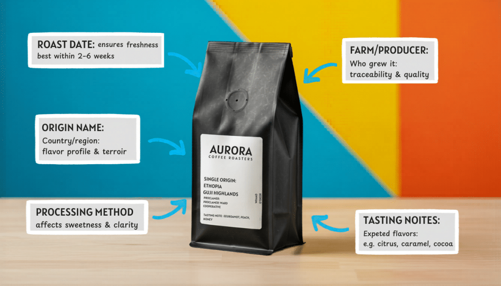 annotated photo of a specialty single origin coffee bag