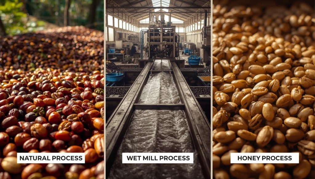 coffee processing methods in three distinct columns showing coffee cherries