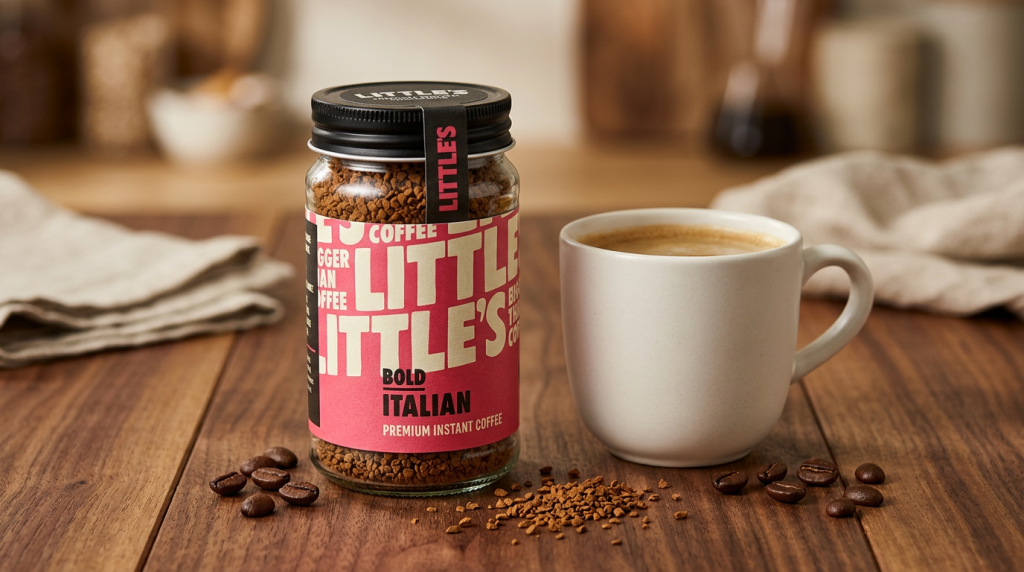 Little's Italian coffee jar with a cermaic mug on wooden surface