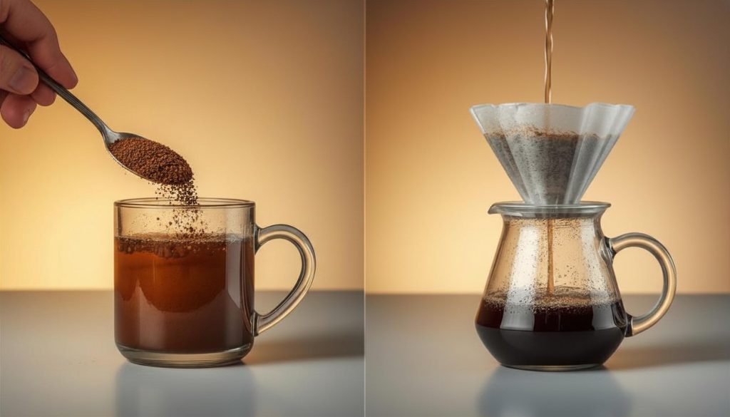 a cup with instant coffee on the spoon. And a pour over coffee apparatus
