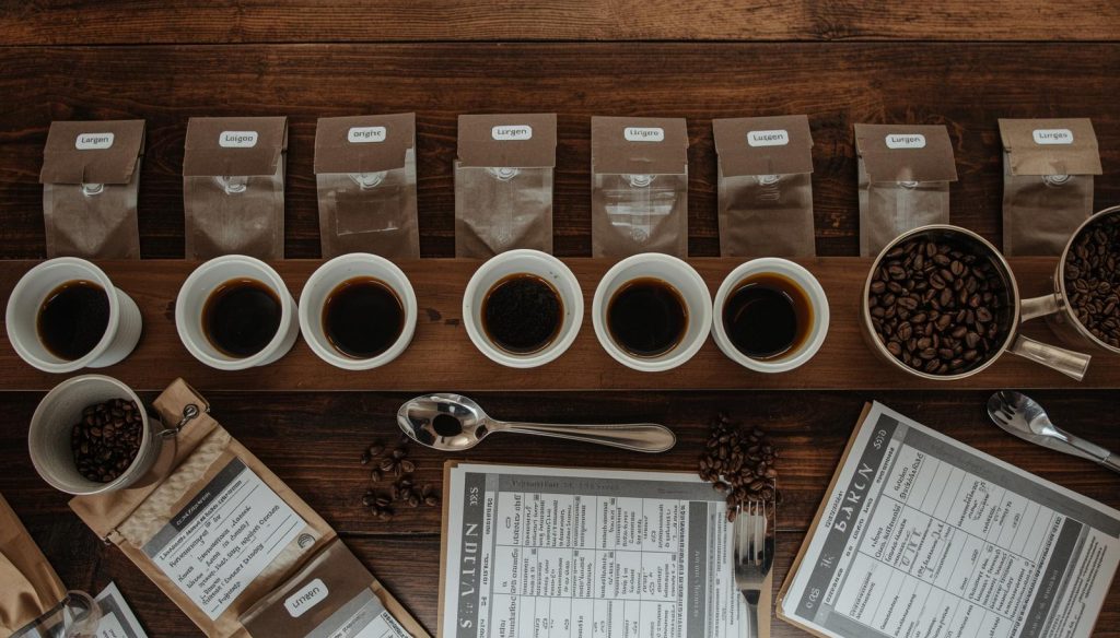 coffee cupping session with origin tags