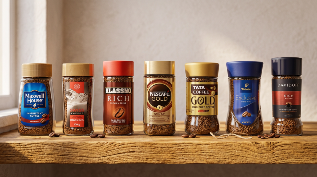 instant coffee jars on the displayed on a shelf